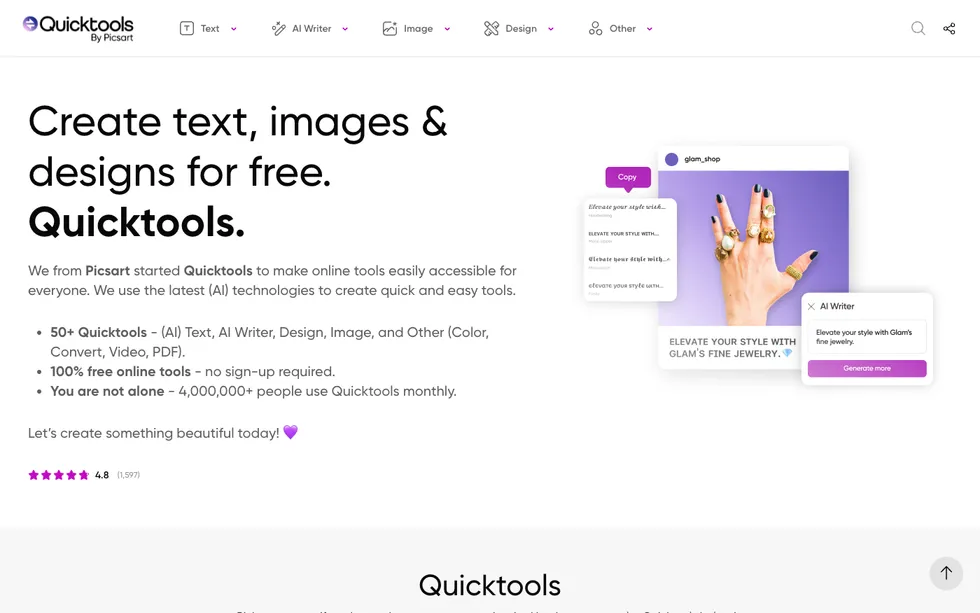 Quicktools: 50+ Free Tools in AI Text, Images, Design and more.. 🚀